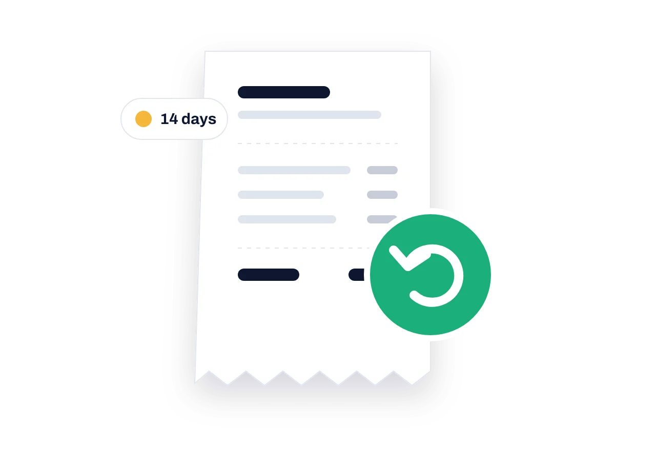 Illustration of a receipt with a refund symbol and a 14-day label