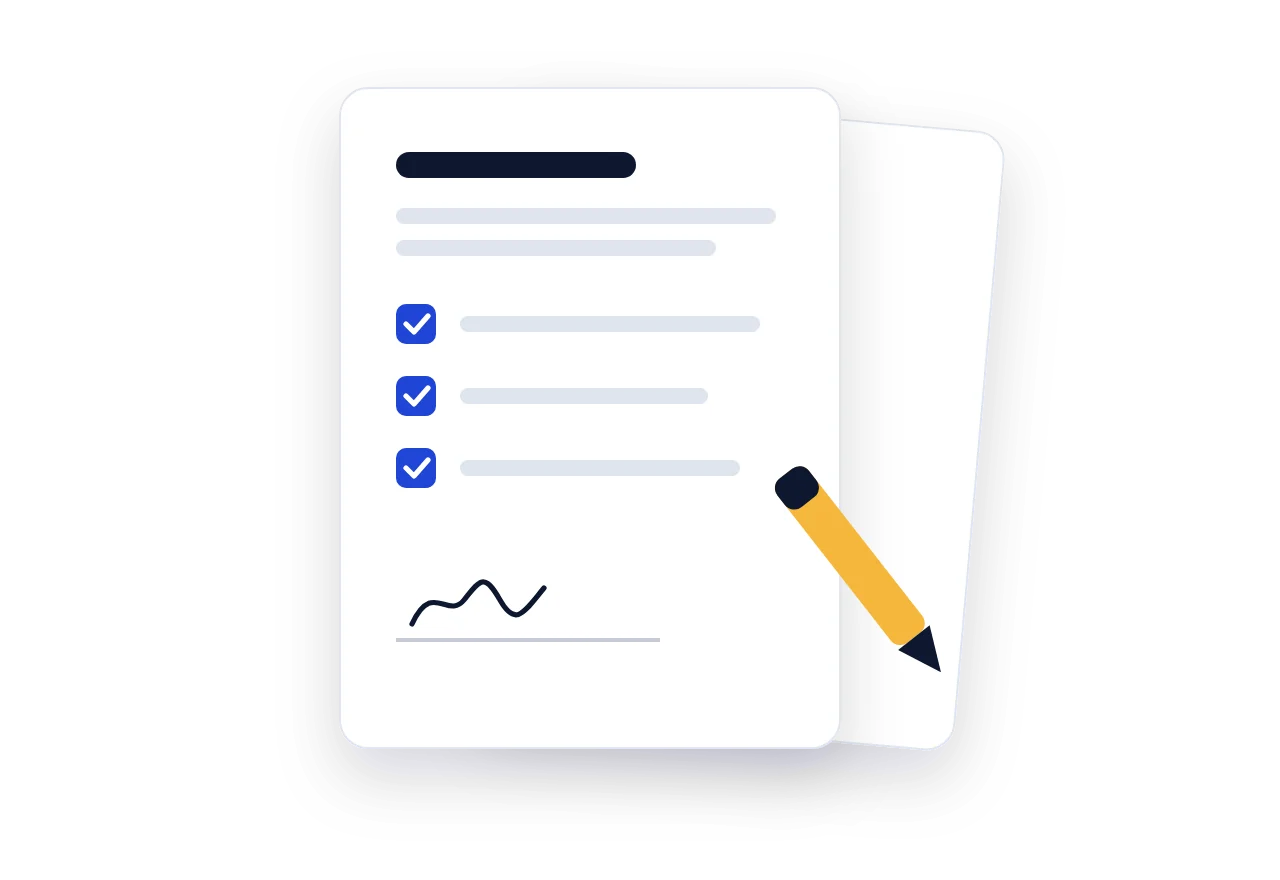Illustration of a signed agreement with ticked checkboxes and a pen